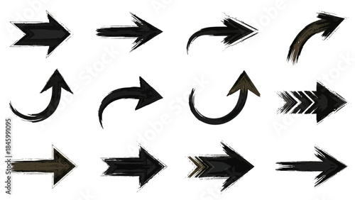 Set of grunge-style black arrow icons for web design and graphic projects, isolated on white