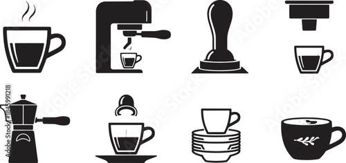 Collection of nine black vector icons representing coffee making and drinking espresso machine