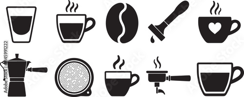Collection of nine black vector icons representing coffee making and drinking white