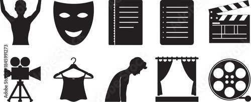 Collection of nine black vector icons representing theater film and performance acting drama