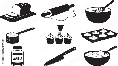 Nine black vector icons depicting baking ingredients and tools bread rolling pin