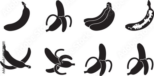 Collection of nine black silhouette banana icons on white background fruit food