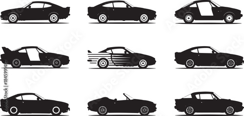 Nine black vector silhouette sports cars and coupes with open doors and racing stripes automobile vehicle