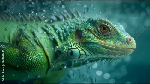 Green iguana swimming underwater with bubbles macro profile.