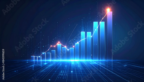 Technology and finance concept with digital bar graph and glowing data lines, symbolizing market analysis, performance tracking, and innovation.