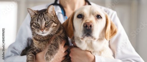 female doctor holding a cute dog and cat in her hands