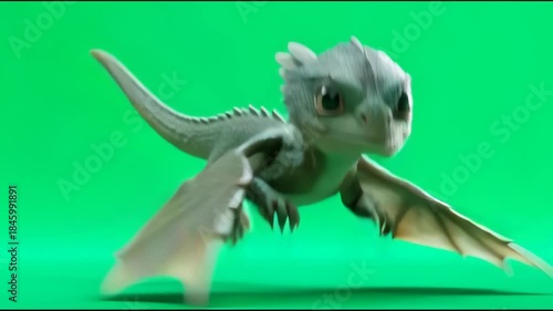 Cute baby dragon 3D animation flying on green screen loop.
