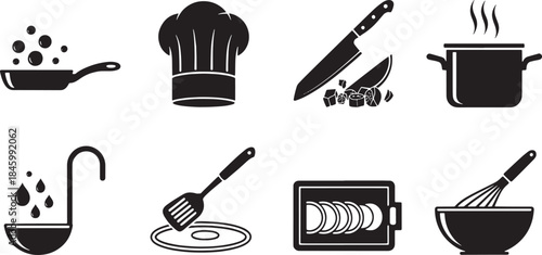 Collection of nine black and white cooking icons on a white background kitchen food