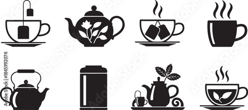 Collection of minimalist black vector icons representing tea cups teapots and a canister tea cup icon