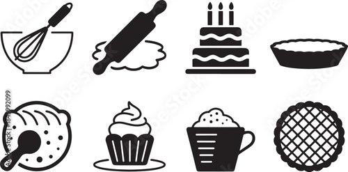 Collection of nine black baking and dessert icons on white background cooking vector