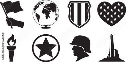 Collection of nine black patriotic silhouette icons on white background flag hand