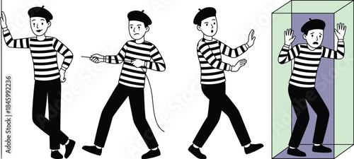 Mime artist performing classic pantomime poses, striped costume character set, silent performance emotions, theatrical illustration isolated