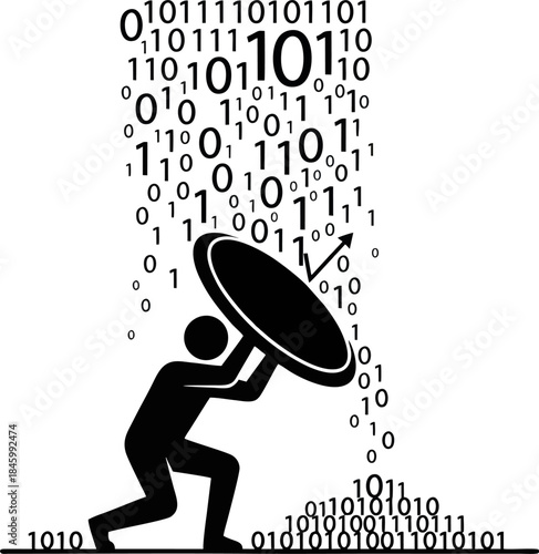 Data Protection Silhouette Vector. Person Holding Shield Against Binary Code Rain for Cybersecurity Concept Isolated on White