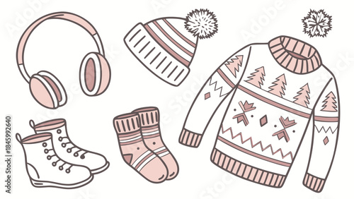 Winter Clothing Illustration Set with Cozy Holiday Accessories