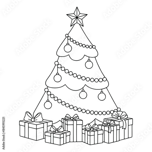 Outline Vector Art of a Christmas Tree with Ornaments and Gifts, Holiday Design