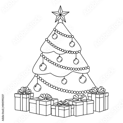 Simple outline drawing of a festive Christmas tree adorned with ornaments and gifts, ready for coloring
