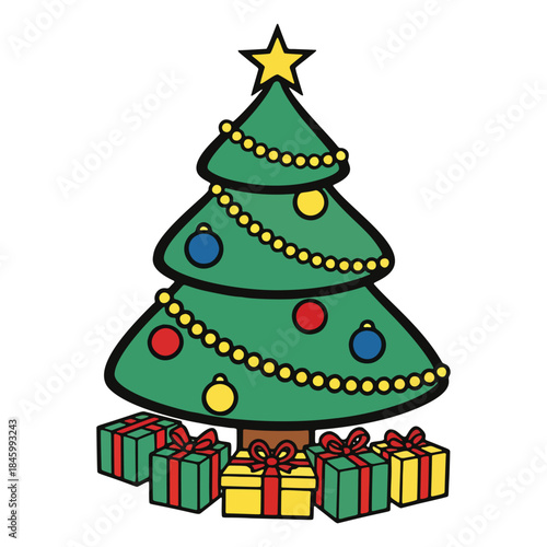 Vibrant Vector Christmas Tree Adorned with Ornaments and Holiday Gifts