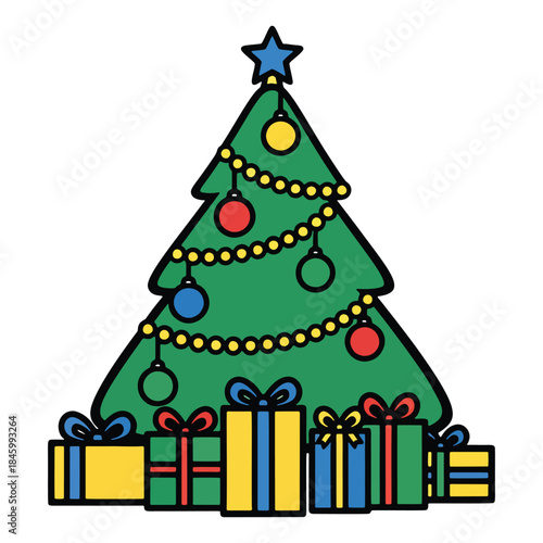 Festive Christmas Tree with Colorful Ornaments and Presents Vector Illustration