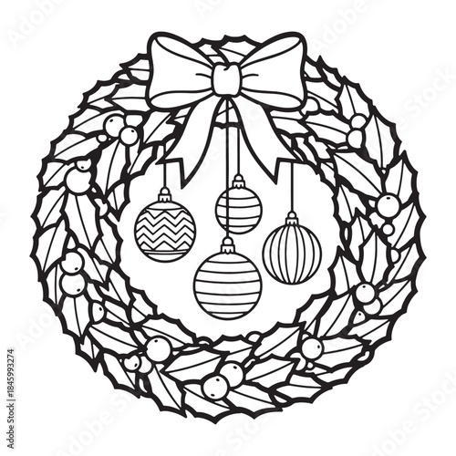 Detailed line art vector illustration of a traditional holiday wreath with hanging decorative baubles and a festive bow