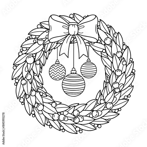 Elegant Christmas Wreath with Ornaments and Bow - Detailed Vector Line Drawing