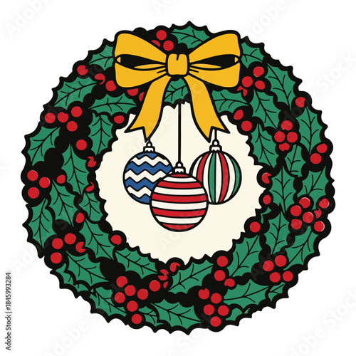 Festive Holly Wreath with Hanging Ornaments and Yellow Bow