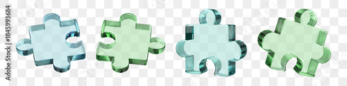 Transparent 3D glass puzzle piece, green blue fusion icon. Isometric perspective render for assemble part. Join jigsaw fragments with logic to solve problems. Gather detail plan for complex team task