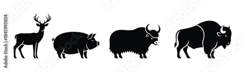Set of Silhouettes of Farm Animals and Wildlife Including Deer, Pig, and Yak
