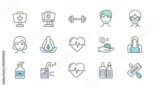 Healthcare, Wellness, and Fitness Gradient Line Icons Set. Medical, Sport, Sleep, and Healthy Lifestyle Symbols.