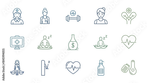 Healthcare, Wellness, and Fitness Gradient Line Icons Set. Medical, Sport, Sleep, and Healthy Lifestyle Symbols.