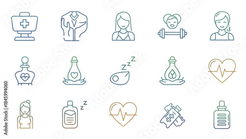 Healthcare, Wellness, and Fitness Gradient Line Icons Set. Medical, Sport, Sleep, and Healthy Lifestyle Symbols.