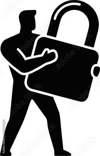 Cybersecurity Padlock Silhouette Vector. Person Holding Giant Lock for Data Encryption Concept Isolated on White Background