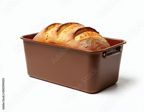 Freshly baked loaf of bread rests in brown baking pan. Golden brown crust on wheat bread, perfect for meals and snacks. Isolated on white background, simple food preparation.