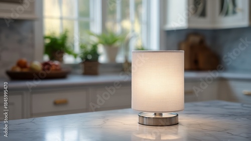 Modern lamp on kitchen countertop with natural light and green plants in the background during daytime