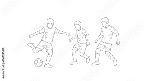 A series of sketches depicts a soccer player kicking a ball in different stages