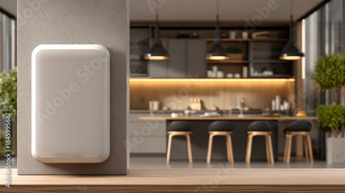 Smart device on wall in modern kitchen with wood counter and stools in the background during daytime