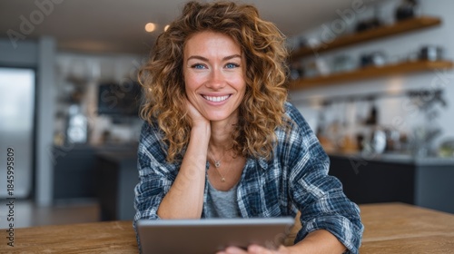 Woman using a tablet while sitting at a table in a bright indoor space during daytime hours