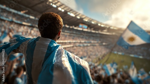 Argentina football supporter on stadium. Argentinian fans on soccer pitch watch team play. Young football player with flag and national jersey cheering for win. Championship game. Vamos Argentina
