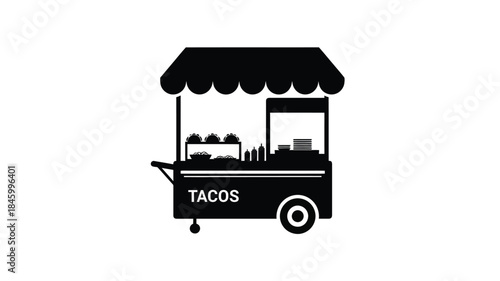 A simple black and white illustration depicts a mobile food cart selling tacos