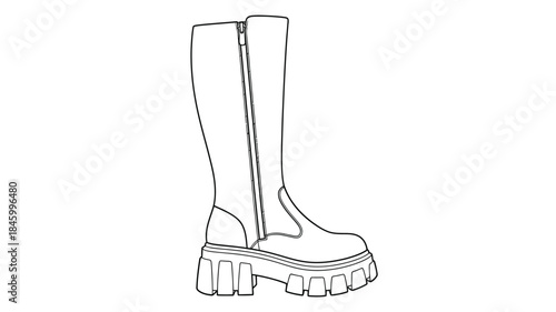 A detailed line drawing showcases a fashionable pair of knee high platform boots in a minimalist style