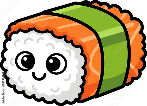 Cute kawaii salmon sushi roll cartoon character smiling.