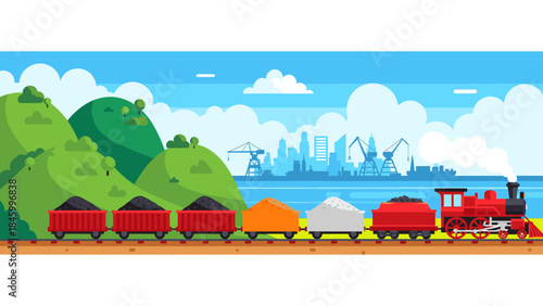 Train transporting goods through green hills and city skyline