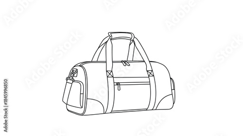 A simple line drawing depicts a classic duffel bag showcasing its functional design and portability