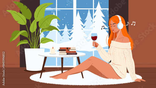 Woman relaxing with wine and headphones near window