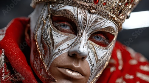 Elaborate masked figure adorned in a regal crown and vibrant red cloak, showcasing intricate details of the mask and fabric, embodying a sense of mystery and elegance