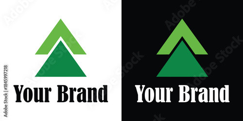 Green triangle logo on white and black backgrounds for branding