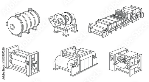 Technical Line Art: Industrial Machinery Equipment and Components Drawing