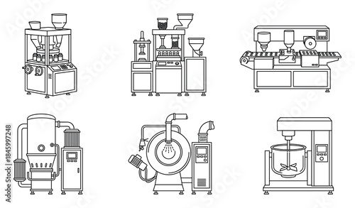 Minimalist Production Machines Line Art: Industrial equipment vector icons