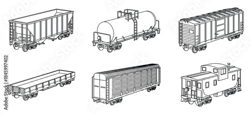 Assorted Railroad Car Set - Collection of Train Carriages in Line Art