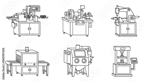 Industrial Equipment Machinery Line Art: Manufacturing Automation Set Illustration