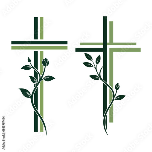 Two green crosses with leafy vines on isolated white background